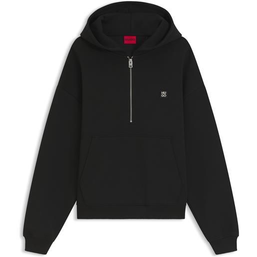 HUGO felpa con cappuccio e colletto con zip in misto cotone lavorato, nero