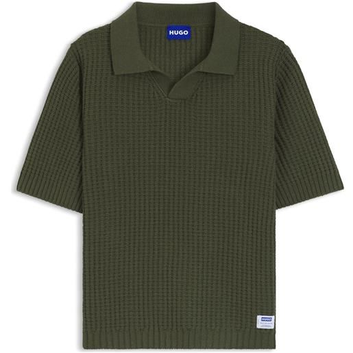 HUGO polo in maglia con lavorazione a nido d'ape e colletto johnny, verde scuro