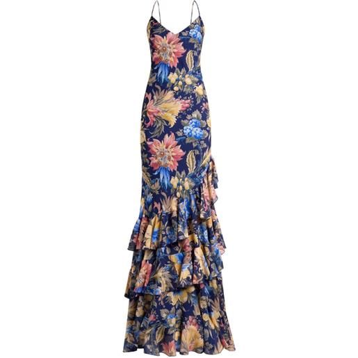 ETRO abito lungo a fiori in seersucker con ruches - blu