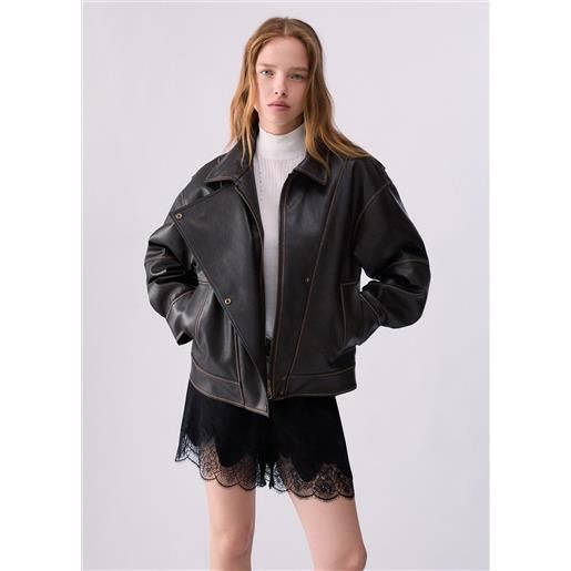 Liu jo bomber oversize in tessuto spalmato, marrone scuro