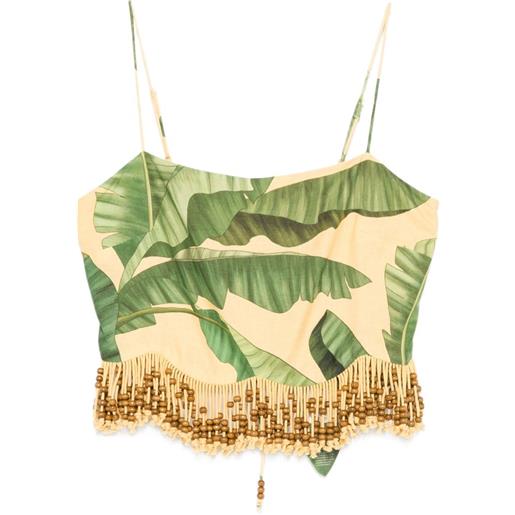 FARM Rio top smanicato fruit leaves banana con frange di perline - giallo