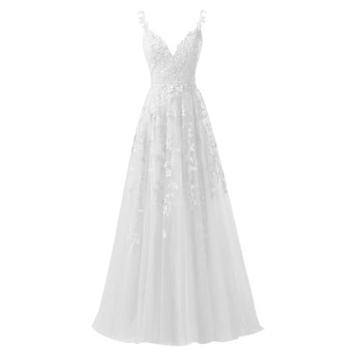 Beyonddress abiti da sera in tulle abiti da ballo lunghi in pizzo abito da sposa con scollo a v, bianco, 44