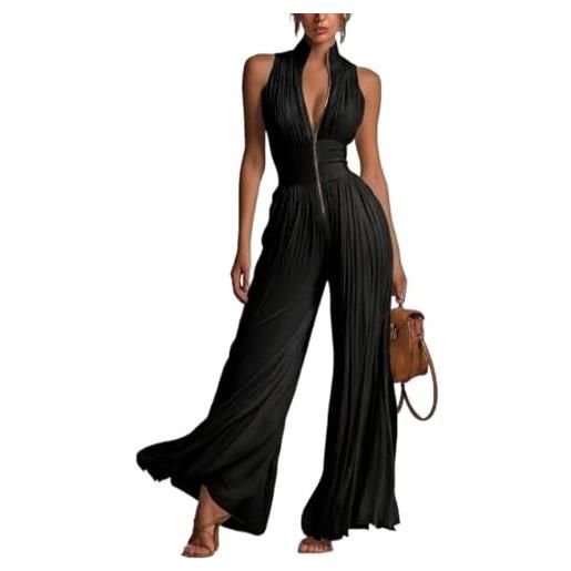 Generale tuta plissata chiffon donna collo a v o collo alto senza maniche chiusura cerniera vita alta pantalone largo un pezzo estate boho w(black, m)