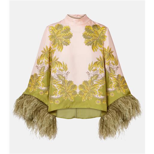 La DoubleJ top make an exit in twill di seta con piume