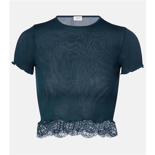 Saint Laurent t-shirt cropped in seta con pizzo
