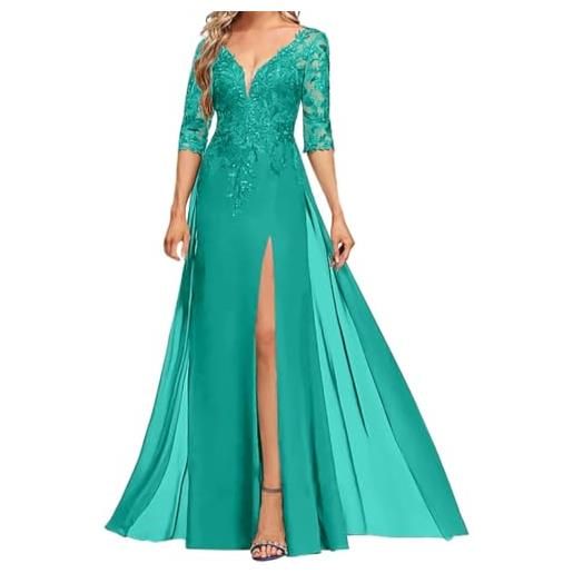 BRIGOW abito da donna con maniche a 3/4, per madre della sposa, con scollo a v, in chiffon, con paillettes, abito da cocktail, turchese, 50