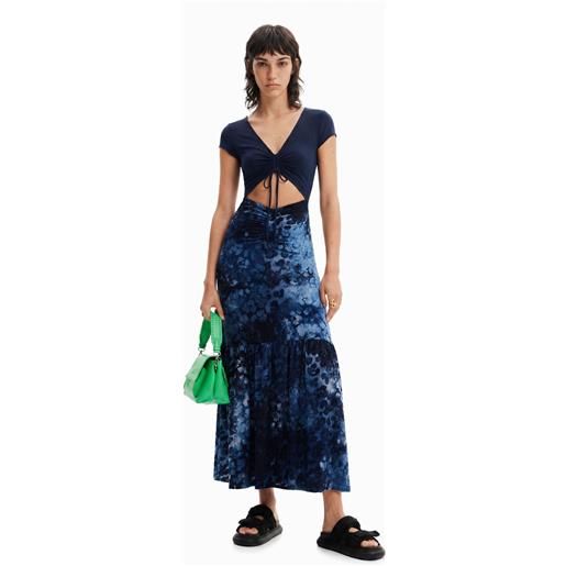 Desigual, abito lungo abbinato texture animalier, donna, blu, l