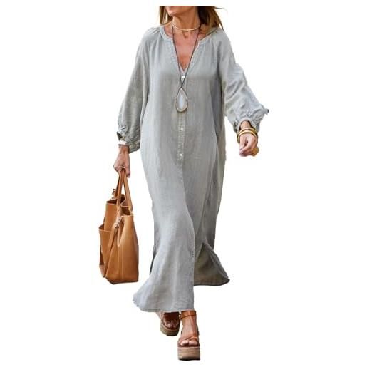 Goolecrimp abito extra lungo in lino da donna cardigan a maniche lunghe orlo con bottoni abito a camicia maniche lunghe scollo a v abiti lunghi a trapezio per vacanze al mare (grigio, xl)