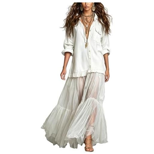 Vhersily abito lungo da donna in denim e mesh patchwork modello a camicia con volant in chiffon scollo a v western abbigliamento country maxi abiti chic aderente romantico vestito sexydonna hard
