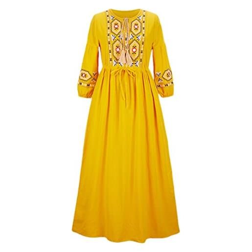 Hndudnff abito da donna in lino di cotone ricamato allentato con accessori in pizzo, giallo, s