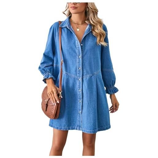 Vanchenl abito casual da donna in denim con bottoni e risvolto sciolto lanterna manica lunga midi jean dress, azzurro, xl
