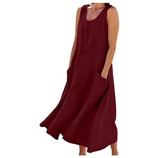WOXIHUAN abito lungo da donna in cotone e lino, tinta unita, per il tempo libero, senza maniche, con tasche, abito estivo casual lungo abito vestitino da spiaggia vestito elegante curvy (marina, 5xl)