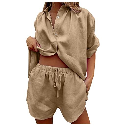 Generico tuta da donna casual a 2 pezzi camicetta con bottoni larghi camicia top pantaloncini elastici vita alta set loungewear abiti estivi due completo cotone elegante