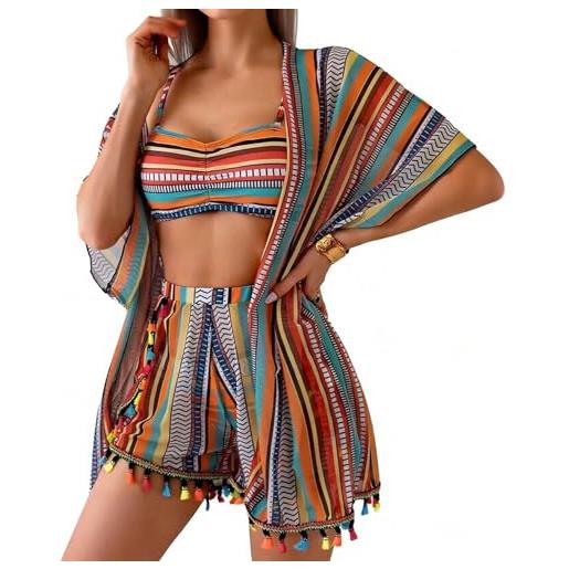 Generic bikini brasiliana - set costume da bagno donna 4 pezzi con bikini, pantaloncini e copricostume kimono, fantasia righe, frange nappine, beachwear mare piscina