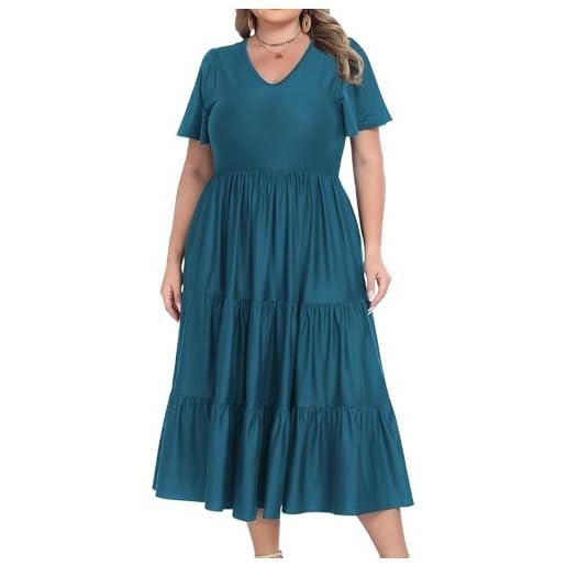 Moon Wood abito lungo estivo donna elegante scollo a v maniche corte a sbuffo maxi vestito fluido con tasche taglie fortii blu 4xl
