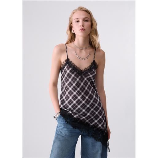 Liu jo top con dettaglio pizzo, check marrone