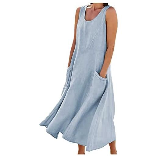 SMIDOW abito lungo estivo da donna in cotone e lino, senza maniche, elegante, fluido, taglie forti, comodo abito con tasche, #08 blu marino, 5xl