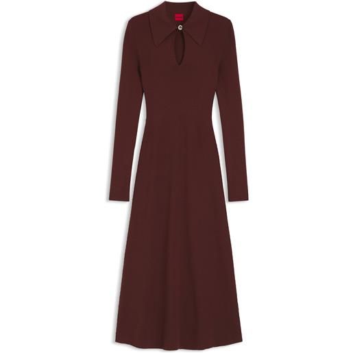 HUGO vestito midi slim fit con colletto polo e scollo a goccia, marrone