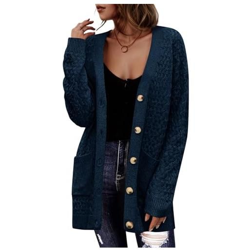 Saodimallsu cardigan da donna a maniche lunghe, con scollo a v, con bottoni, casual, elegante, con tasche, blu scuro, xxl