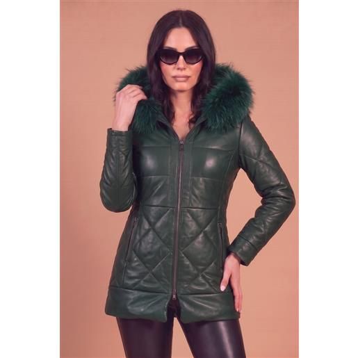 D'Arienzo piumino in pelle naturale verde con cappuccio bordato pelliccia D'Arienzo