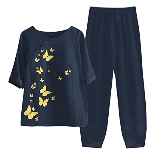 Kobilee tuta estiva donna completa elegante taglie forti cotone e lino leggera casual completo larghi curvy tuta elegante manica corta camicia + pantaloni lino set due pezzi