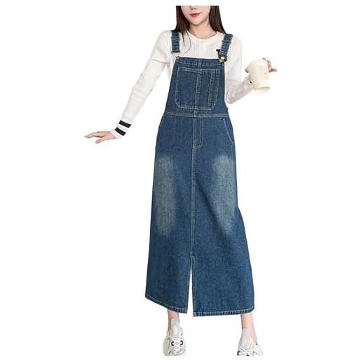 Yishengwan vestito salopette di jeans donna mid lunga senza maniche denim vestiti overall con tasche blu m