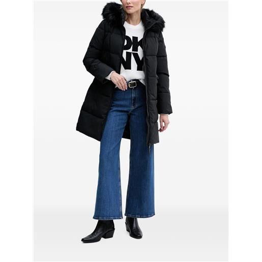 DKNY cappotto con cappuccio e rifiniture in pelliccia sintetica - nero