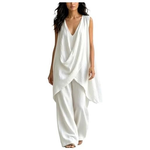 Zanisouta tuta estiva da donna in due pezzi, elegante, in lino, senza maniche, canotta e pantaloni larghi, set di pantaloni in mussola leggera e ariosa, tuta da spiaggia, tuta da casa, per lavoro e