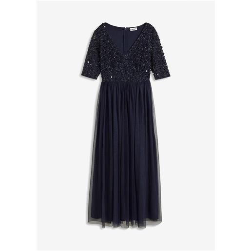 bonprix abito da sera in tulle delicato con ricamo e paillettes-blu