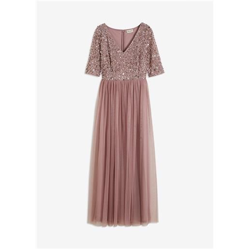bonprix abito da sera in tulle delicato con ricamo e paillettes-rosa