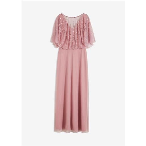 bonprix abito lungo in fine tulle con ricami e paillettes-fucsia