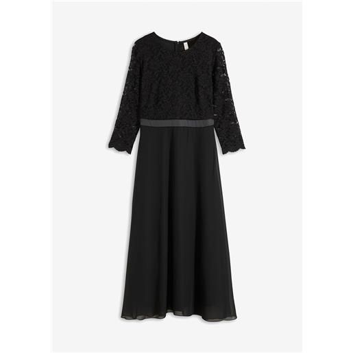 bonprix abito midi in chiffon leggero con pizzo al corpino-nero