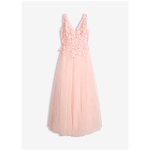bonprix abito lungo in tulle delicato con fiori applicati-rosa