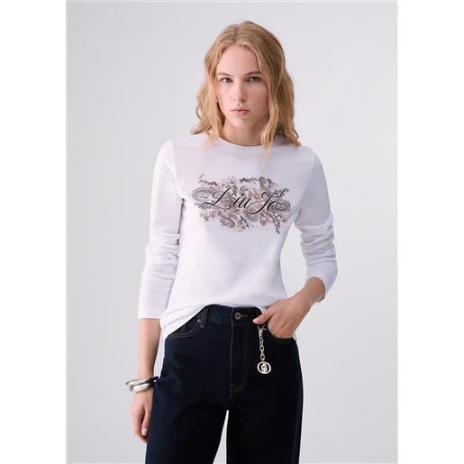 Liu jo t-shirt skinny fit con logo, bianco/beige
