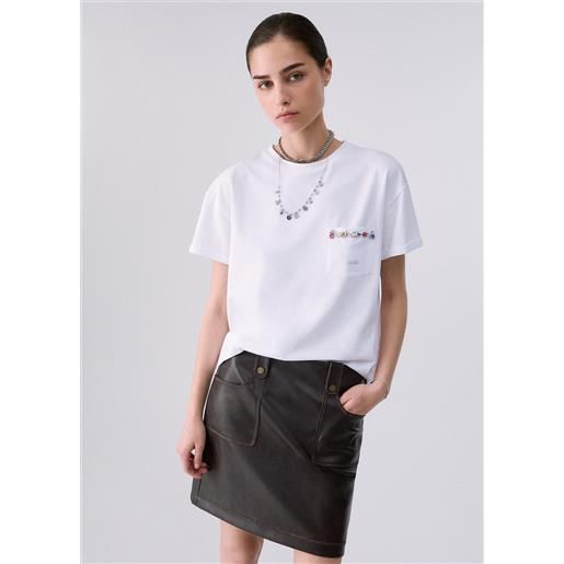 Liu jo t-shirt boxy con tasca gioiello, bianco/castoni colorati