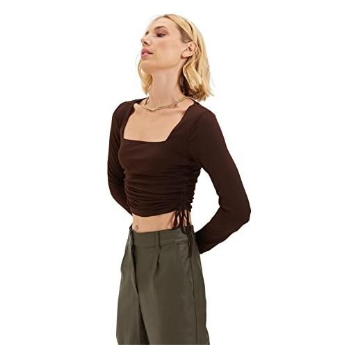Trendyol woman fitted bodycon square collar knit blouse, camicia donna, brown, s