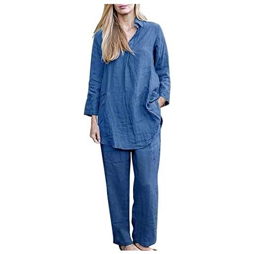 Generico completo donna estivo elegante, abito da donna in cotone alla moda, grande, irregolare, a maniche lunghe, pantaloni a gamba larga, abito a due pezzi salopette donna estiva xs (z1-blue, xxxl)