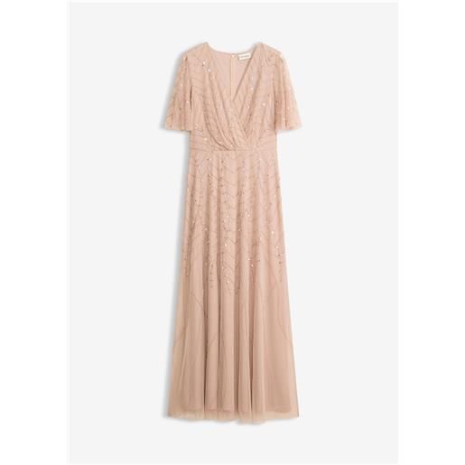 bonprix abito da sera in tulle delicato con ricami e paillettes-beige