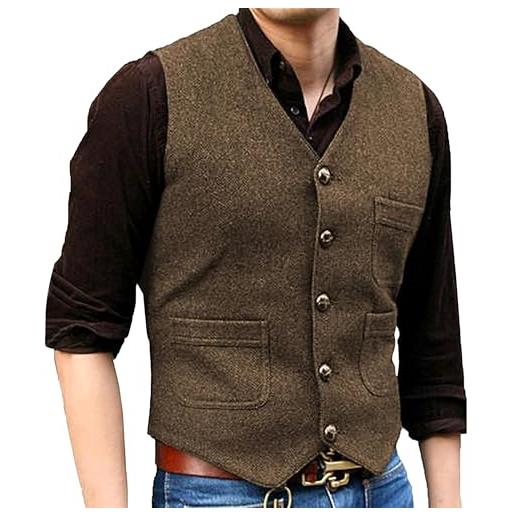 PHJTOMK gilet da uomo in tweed vintage, casual, taglie forti, per matrimonio, a spina di pesce, slim fit, gilet per ballo di fine anno, tutti i giorni, marrone, xl