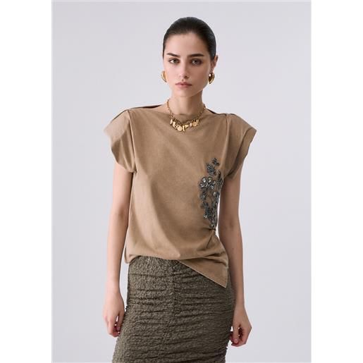 Liu jo top in jersey con ricamo, beige