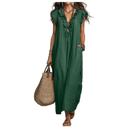 Azruma vestiti donna estivi prendisole donna estivo cotone vestito cerimonia monocolore collo flying sleeve midi oscillante spiaggia boho festa vita alta per vacanze abiti
