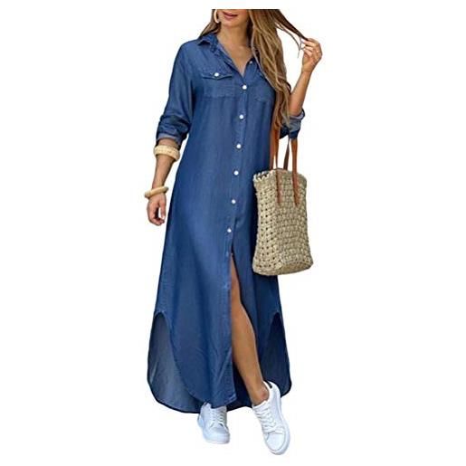 Onsoyours estivi donna taglie forti estate vestiti casual eleganti corti manica corta v-collo cotone e lino t-shirt maxi vestiti camicia abit blu xl