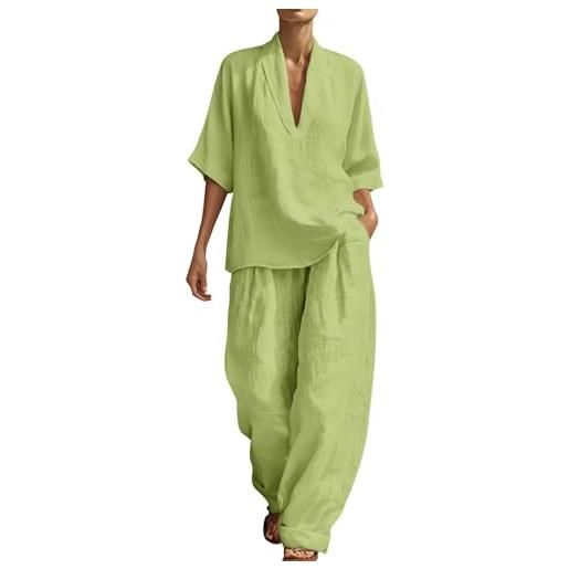 Chanpning completo donna elegante curvy estivo cotone lino tuta estiva completa 2 pezzi camicia + pantaloni larghi tute estive taglie forti leggere completi eleganti casual set coordinati estivi casa cerimonia