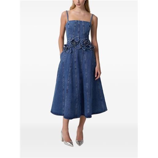 Aknvas abito eryn midi denim con applicazione a fiori - blu