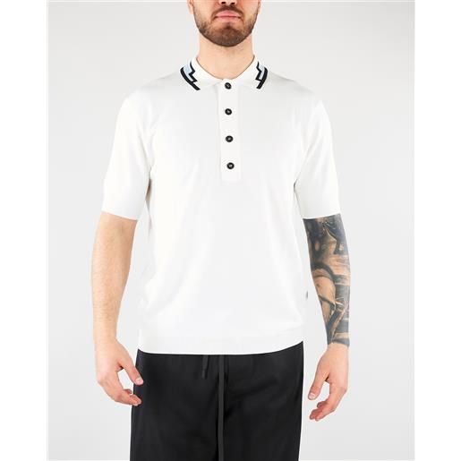 LOW BRAND polo bianco in maglia di viscosa con collo jacquard