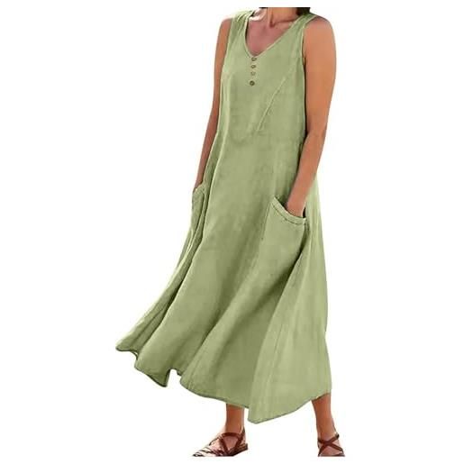 HAOLEI abito lungo da donna in cotone e lino caftano allentato a maniche corte abito casual oversize elegante girocollo maxi abito largo con tasche boho abiti al ginocchio vintage essentials dress