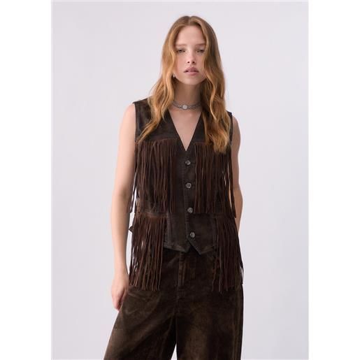 Liu jo gilet con frange in tessuto floccato, denim blu