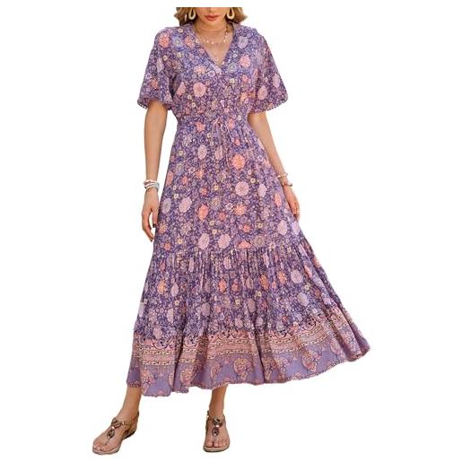R.Vivimos abito boho estivo donna abito sexy scollo a v bottoni manica corta vestito elegante con volant orlo abito lungo maxi da spiaggia casual per le vacanze