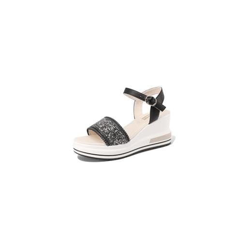 QUEEN HELENA zeppe con strass sandali alti con cinturino casual donna x32-218 (nero, sistema taglie calzature eu, adulto, donna, numero, media, 41)