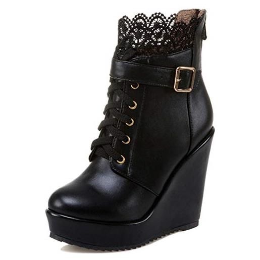 Lizoleor donna zeppa plateau moda polacchine punta rotonda classico biker stivaletti inverno pelle lined warm scarpe cordoncino nero numero 34 eu